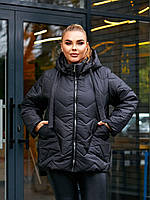 Женская теплая куртка со съёмным капюшоном из плащевки лаке большие размеры БАТАЛ Черный, 54/56