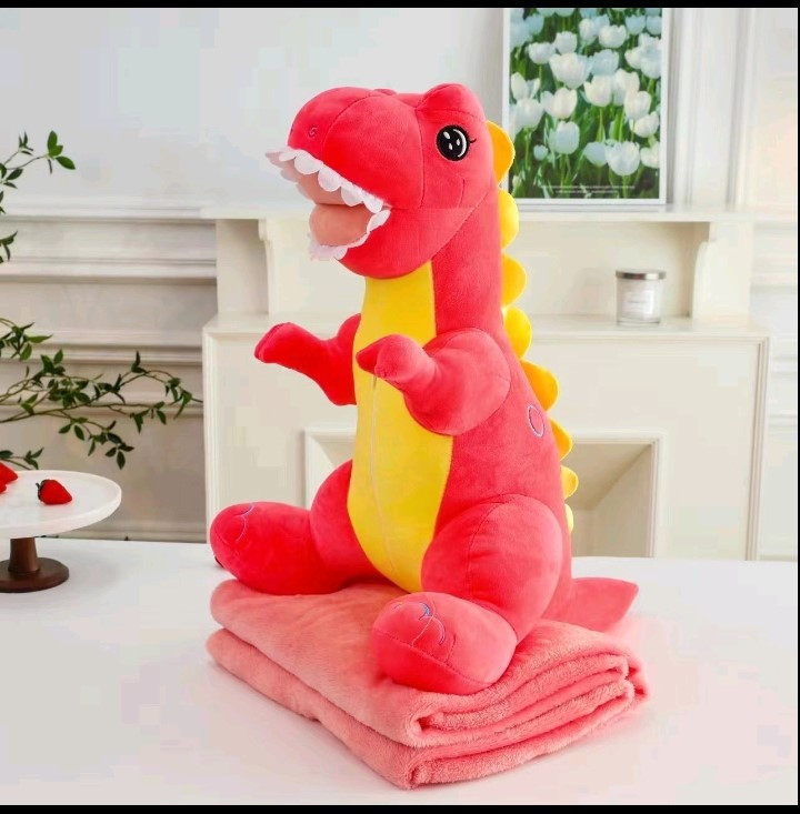 Подушка — іграшка обіймашка дитяча з пледом усередині  Дракон рожевий м'яка іграшка-трансформер 3в1