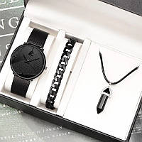 Набор подарочный кварцевые часы браслет кулон черный