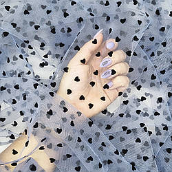 Сітка стрейч з флоком (серця) / колір БЛАКИТНИЙ / ціна вказана за 0,5 метра сітки