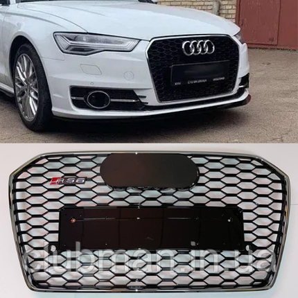 Решітка радіатора AUDI (Ауді) A6 С7.5 (2015-2018) Хром рамка та лого, чорний глянець сітка, стиль RS6, фото 1