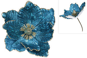 Декоративна квітка Магнолія 24см, колір - бірюзовий оксамит із золотом 24шт