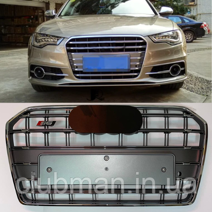 Решітка радіатора AUDI (Ауді) A6 С7.5 (2015-2018) Хром рамка, лого та ребра, СІРИЙ мат сітка, стиль S6, фото 1