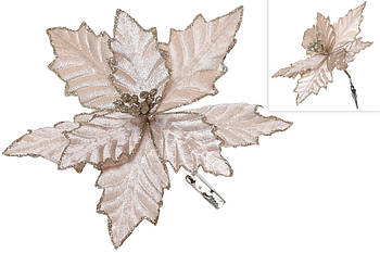 Декоративна штучна квітка Пуансетія 18см на кліпсі, колір - шампань 24 шт.