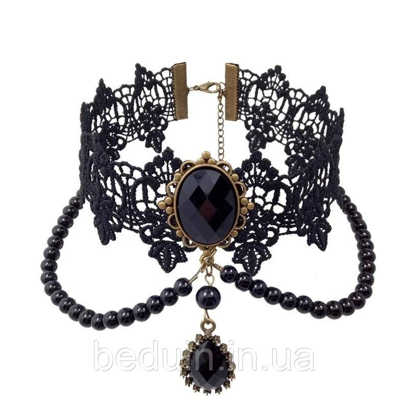 Мереживний ажурний вінтажний чокер із намистинами "Люис" — чорний Aushal Jewellery