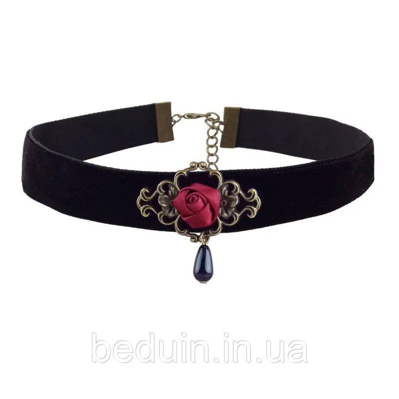Оксамитовий вінтажний чорний чокер з атласною трояндою — Aushal Jewellery