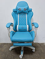 Крісло геймерське компютерне WONDER GIRL біло-блакитне із подушками і підставкою під ноги екошкіра