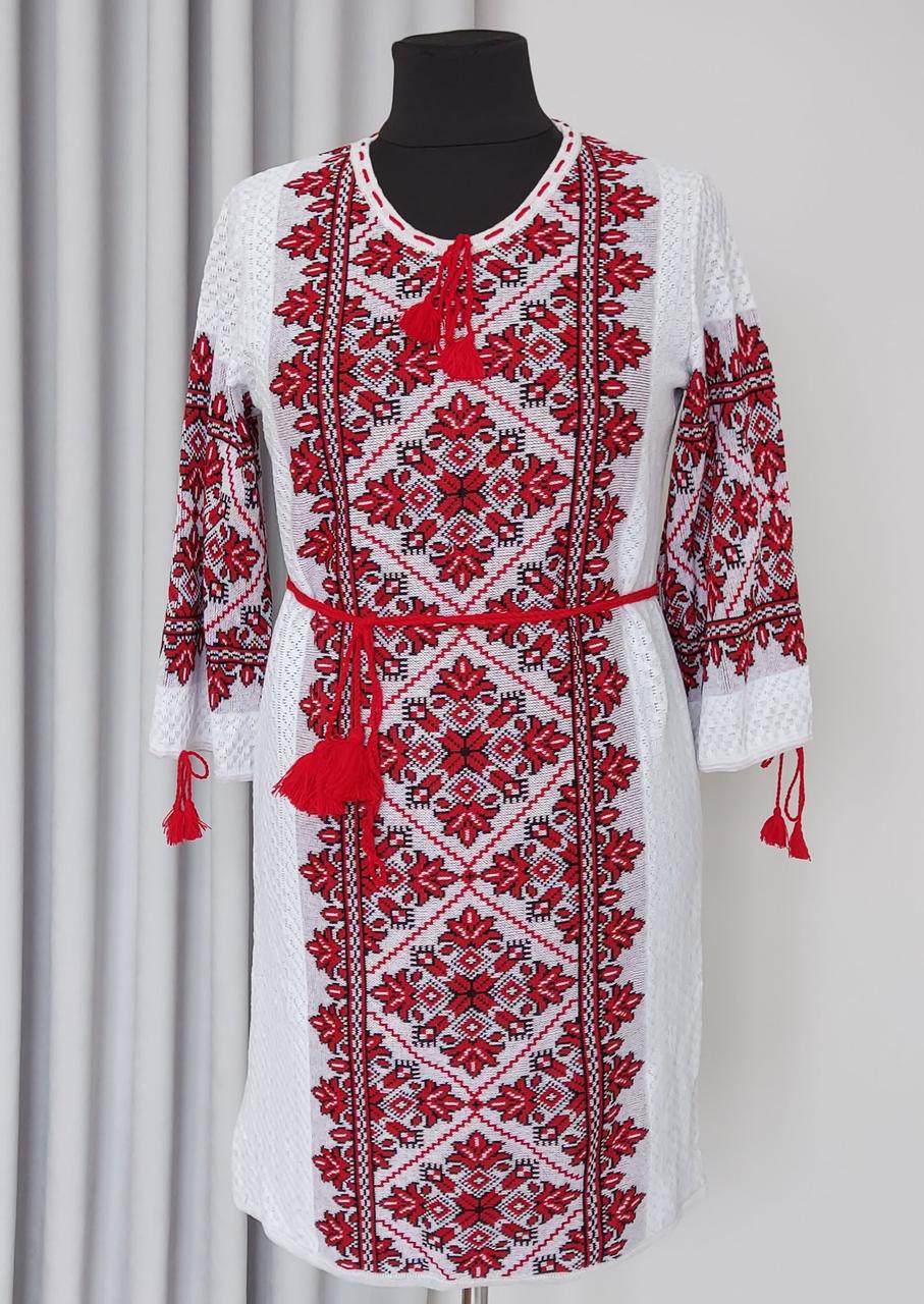 Туніка вишиванка в'язана білого кольору з червоним орнаментом з 48 по 66 розмір, фото 1