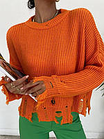 Женский модный теплый рваный свитер; 42-46 белый, беж, оранжевый и зеленый Оранжевый