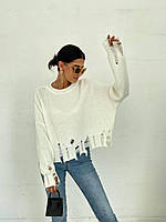 Женский модный теплый рваный свитер; 42-46 белый, беж, оранжевый и зеленый Белый