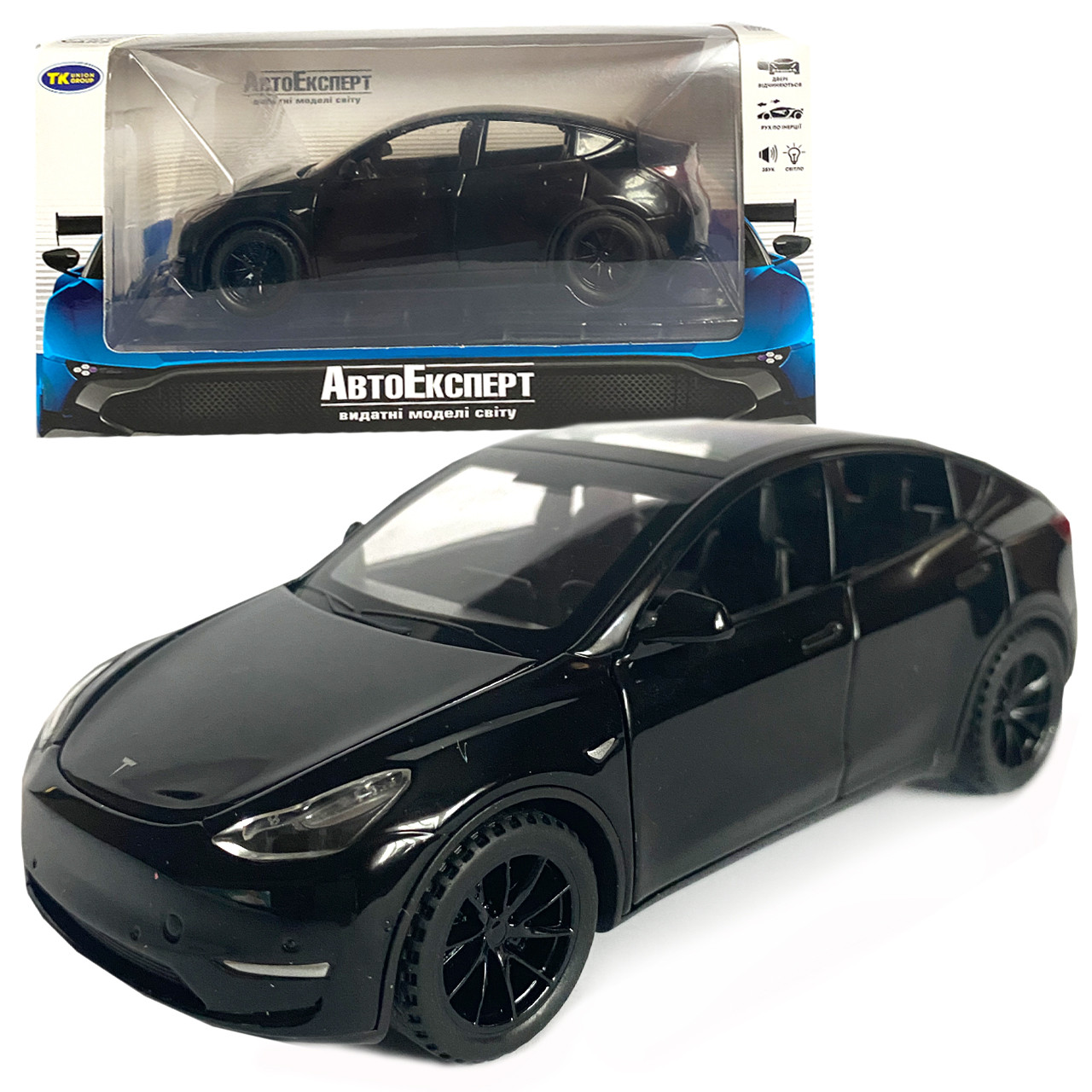 Іграшкова машинка металева Tesla Y, тесла, чорна, звук, світло, інерція, откр двері, багажник, капот, Автоексперт, 1:32,, фото 1