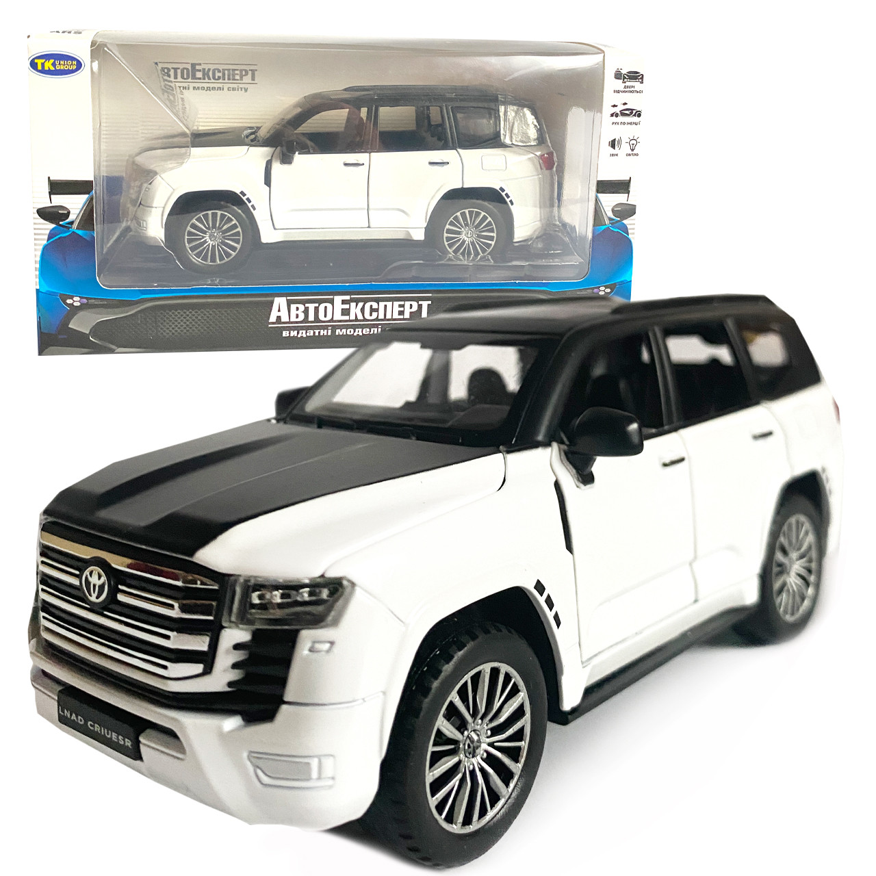 Іграшкова машинка металева Toyota Land Cruiser 300 twin turbo, тойота ленд крузер,чорно-білий, звук, світло, інерція, відкр двері,, фото 1