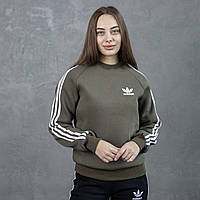 Кофта жіноча зимова Adidas тепла з начосом хакі | Світшот жіночий Адідас Толстовка на флісі зима