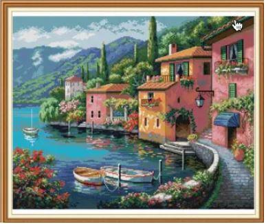 Набір для вишивання за нанесеною на канву схемою "Colorful house by the water". AIDA 14CT printed, 52*44 см