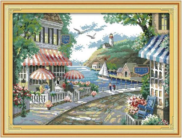 Набір для вишивання за нанесеною на канву схемою "The seaside cafe" . AIDA 14CT printed, 44*33 см