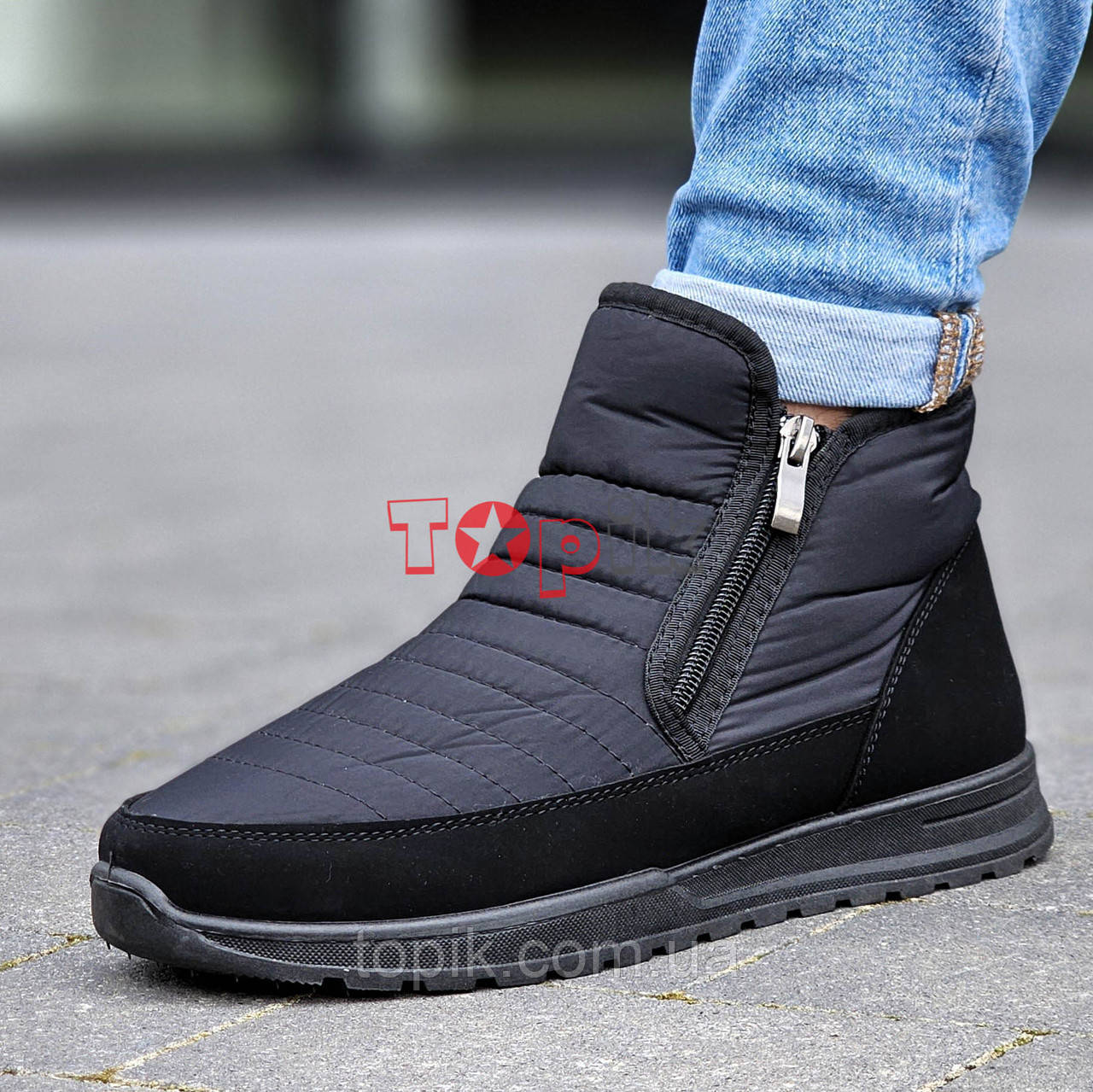 Дутіки короткі чоловічі чорні на 2х блискавках зимові черевики Дутики мужские короткие черные на молниях зимние ботинки Код: 2003, фото 1