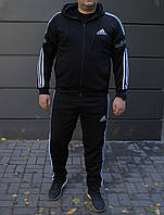 Спортивный костюм мужской зимний БАТАЛ Adidas с начесом черный | Комплект утепленный Худи + Штаны Адидас