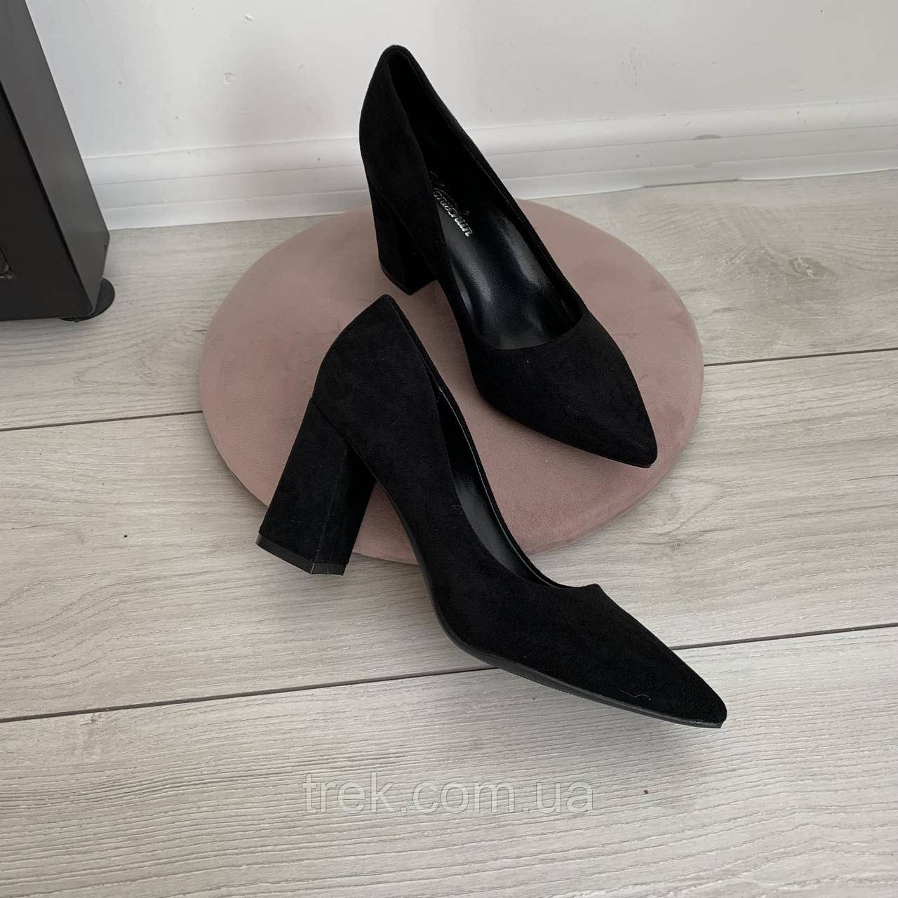 Туфлі чорні на каблуку екозамша /23285/ 38р, фото 1