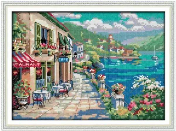 Набір для вишивання за нанесеною на канву схемою "Seaside Cafe 2". AIDA 14CT printed, 30*21 см