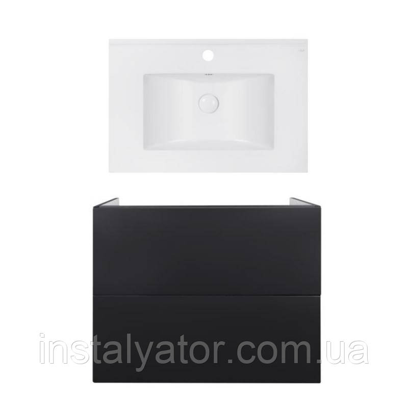 Комплект: тумба Tern підлогова 2 ящики висувних Push-to-Open, 700х725х437 мм Matt Black + раковина Albatross E