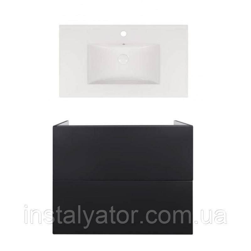 Комплект: тумба Tern підлогова 2 ящики висувних Push-to-Open, 800х580х437 мм Matt Black + раковина Albatross