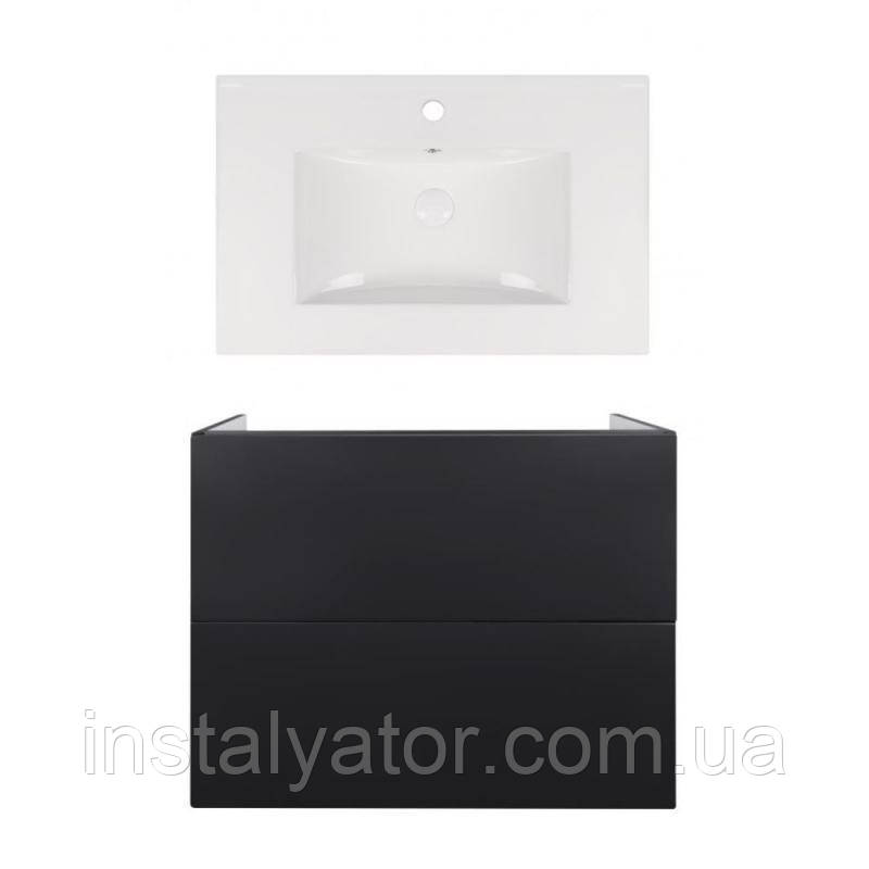 Комплект: тумба Tern підлогова 2 ящики висувних Push-to-Open, 700х725х437 мм Matt Black + раковина Albatross