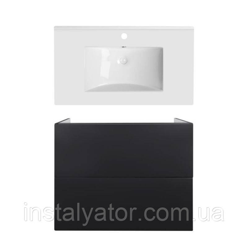 Комплект: тумба Tern підлогова 2 ящики висувних Push-to-Open, 800х580х437 мм Matt Black + раковина Albatross