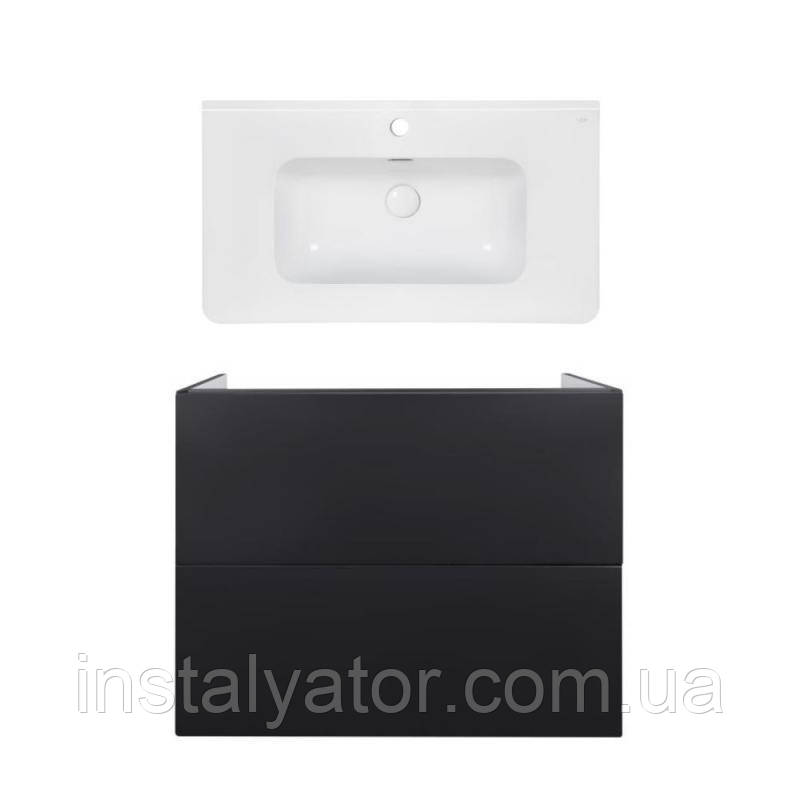 Комплект: тумба Tern підвісна 2 ящики висувних Push-to-Open, 800х725х437 мм Matt Black + раковина Albatross 9H