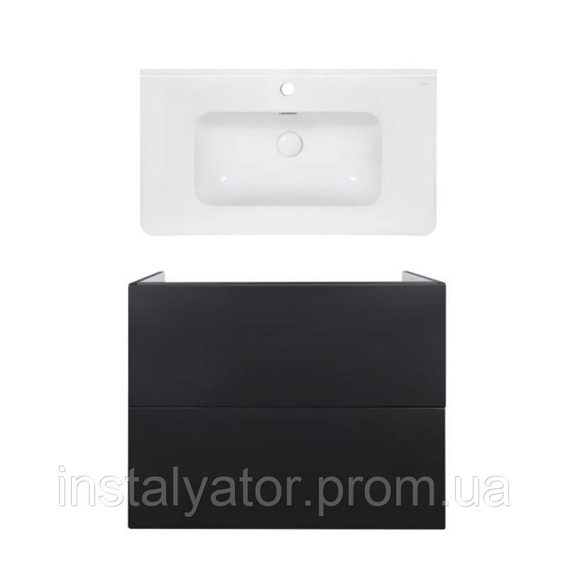 Комплект: тумба Tern підлогова 2 ящики висувних Push-to-Open, 800х580х437 мм Matt Black + раковина Albatross