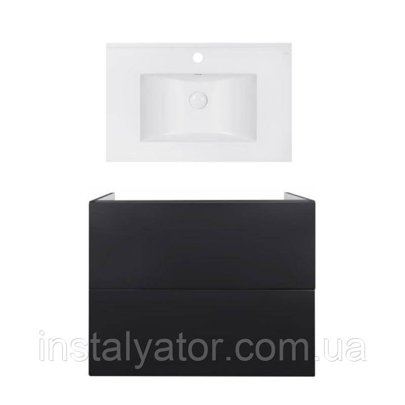 Комплект: тумба Tern підлогова 2 ящики висувних Push-to-Open, 800х580х437 мм Matt Black + раковина Albatross E
