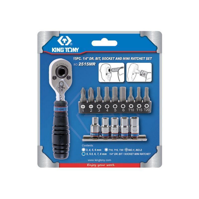 Набір біт TORX, HEX, PH і головок 1/4" з тріскачкою 15 шт. KING TONY 2515MR