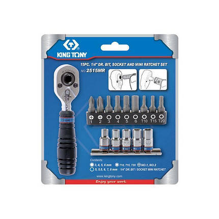 Набір біт TORX, HEX, PH і головок 1/4" з тріскачкою 15шт KING TONY 2515MR, фото 1