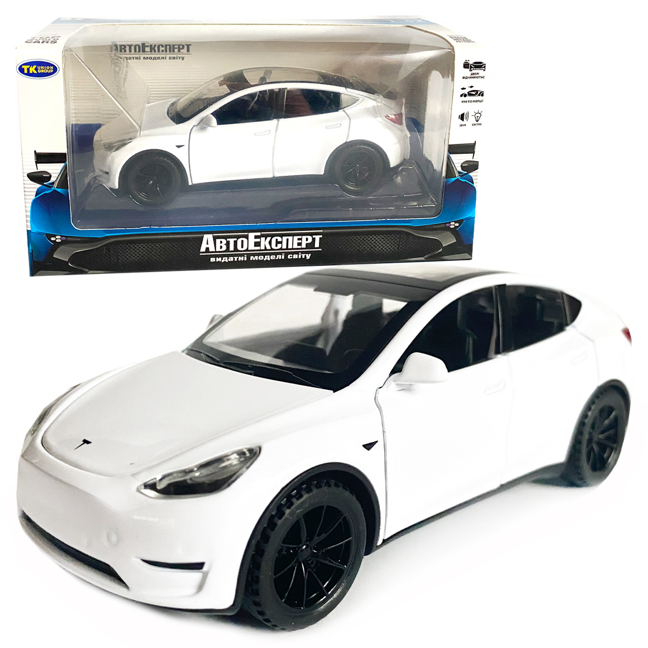 Іграшкова машинка металева Tesla Y, тесла, біла, звук, світло, інерція, откр двері, багажник, капот, Автоексперт, 1:32, 14,5*6*6см, фото 1