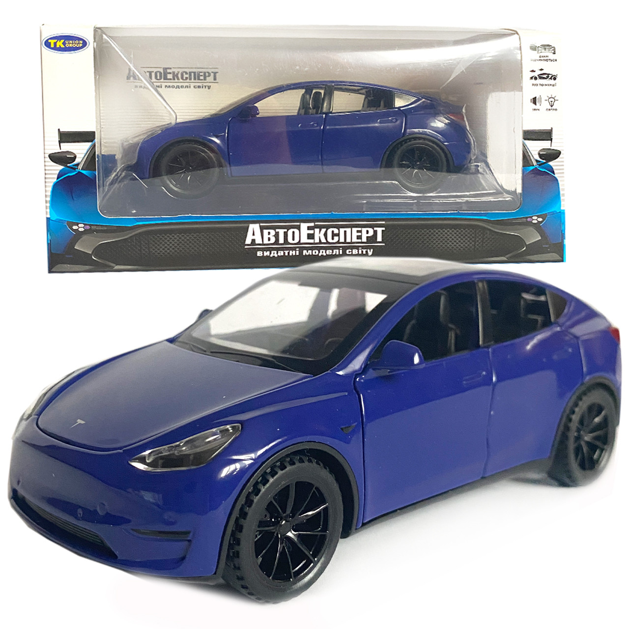 Іграшкова машинка металева Tesla Y, тесла, синя, звук, світло, інерція, откр двері, багажник, капот, Автоексперт, 1:32, 14,5*6*6см