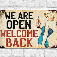 Декоративная металлическая табличка для бара We Are Open Welcome Back RESTEQ 20*30см. Металлическая вывеска