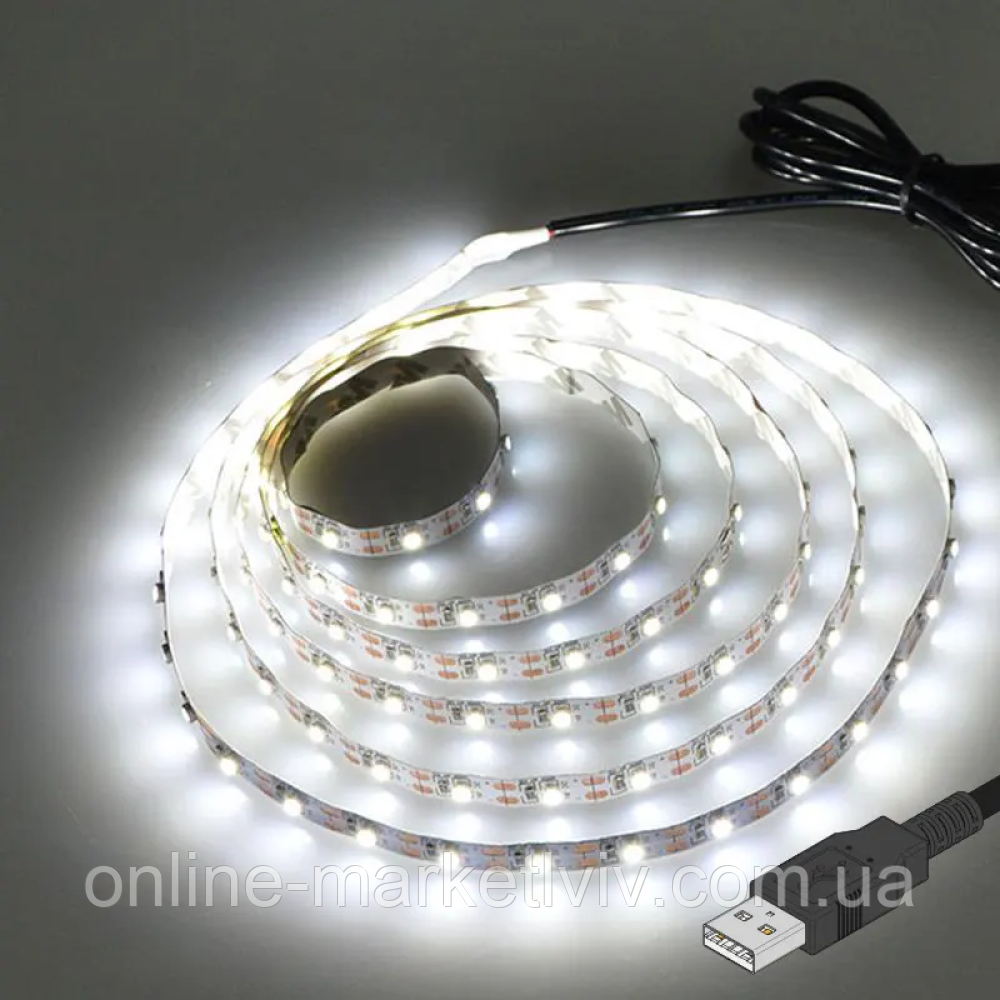 Світлодіодна LED стрічка 5м, від USB, Холодний Білий / Універсальна лед стрічка від повербанка / Діодна підсвітка