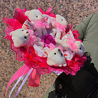 Яскраво рожевий букет з м'яких іграшок, плюшевий ведмедик дитячий букет подарунок для дівчинки доньки подружки