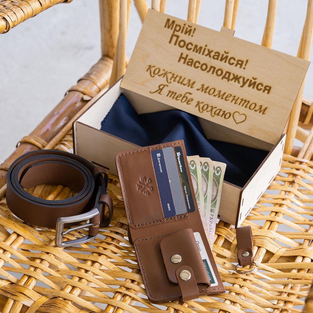 Подарунковий комплект ремінь та гаманець з натуральної шкіри чоловіку s.a.f._handmade