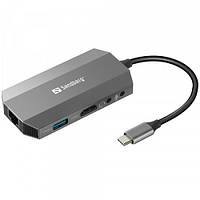 Док-станция USB3.1 Type-C Sandberg 136-33 HDMI/USB 3.0x2/RJ45/SD/TF/PD 100W 6in1 Grey