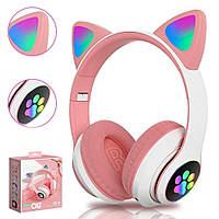 Навушники з котячими вушками та підсвічуванням, Рожеві, CAT VZV-23M / Бездротові Bluetooth навушники з мікрофоном