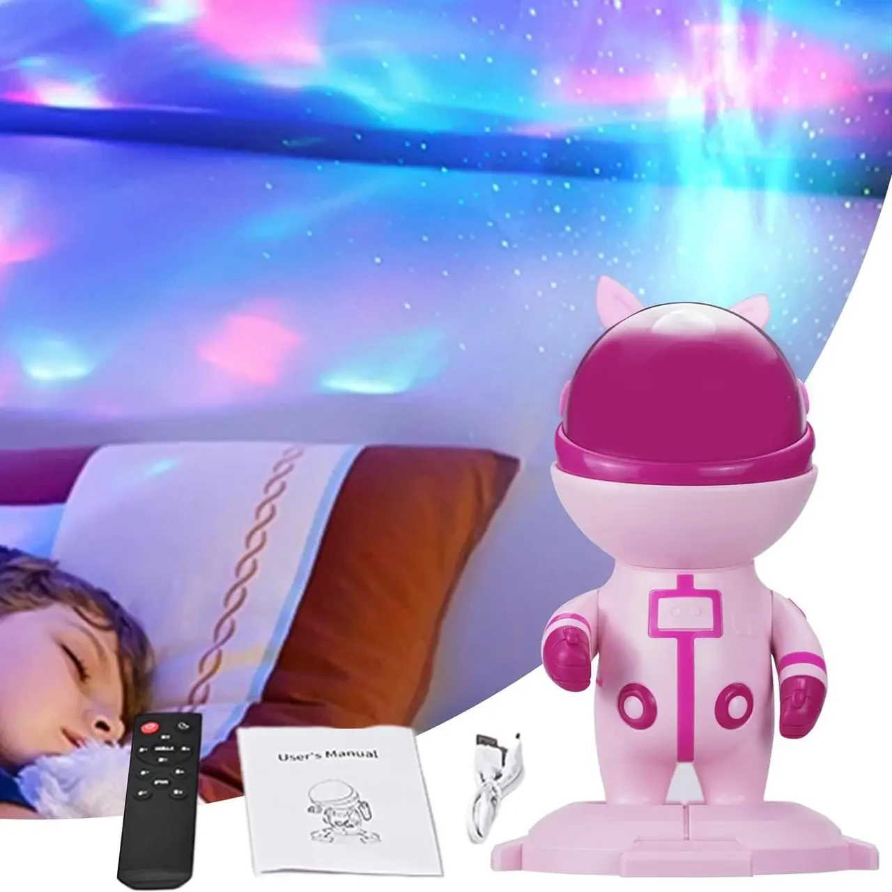 Лазерний проєктор зоряного неба Астронавт Рожевий з вушками, нічник лазерний на пульту StarBoy Star Projector