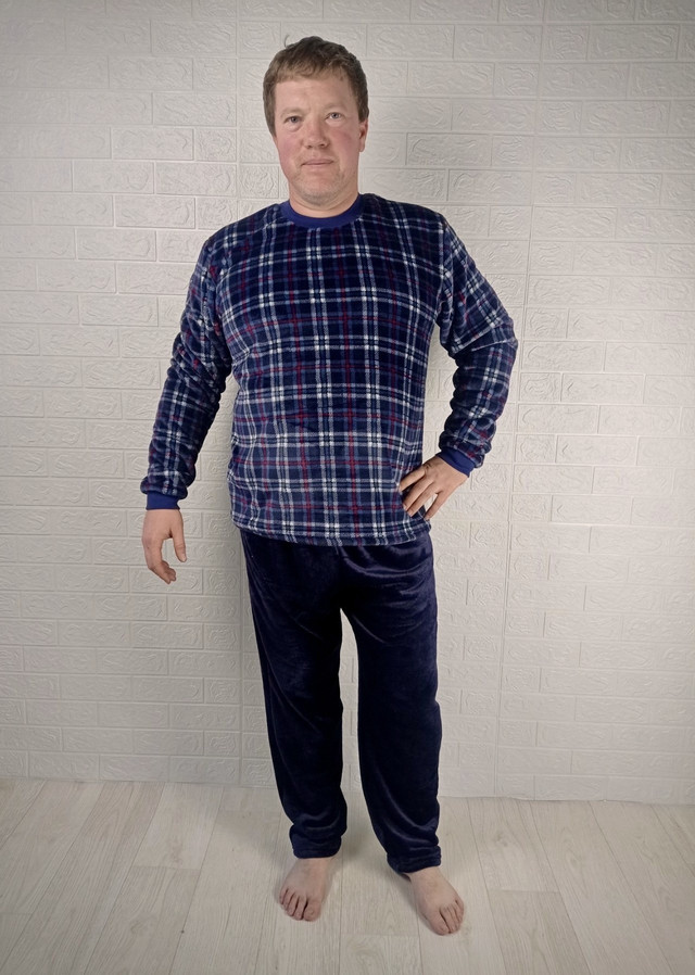 Домашняя мужская пижама теплая махровая зимняя, домашний костюм синяя 48-58р.