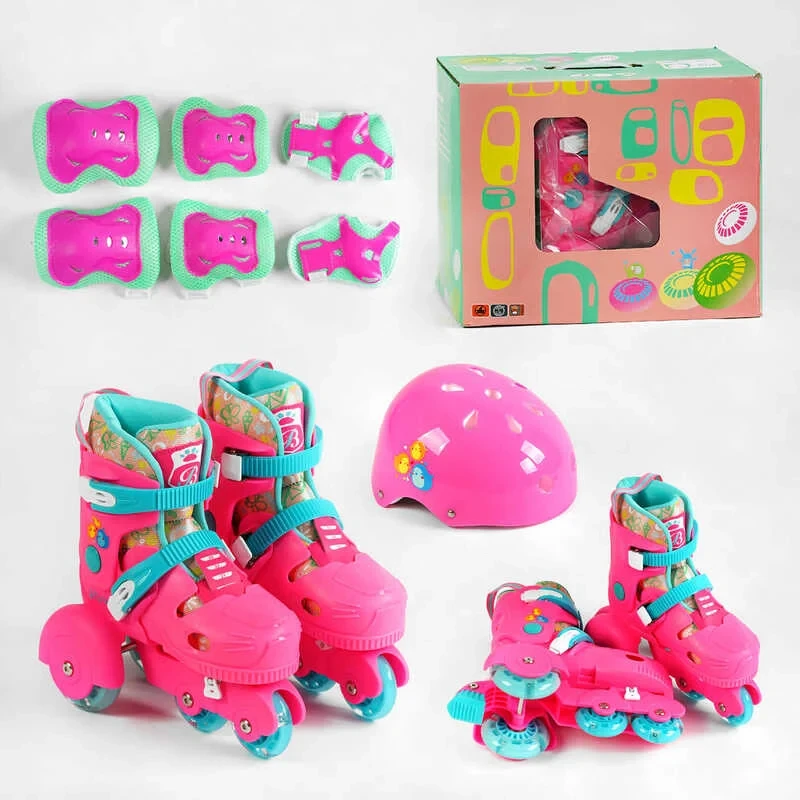 Дитячі ролики для дівчинки з захистом і шоломом 57401-S розмір 30-33, Рожеві, колеса PU