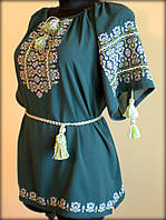 Вишиванка жіноча "Ілюзія" на зеленому шифоні, блузка вишита білими та зеленими нитками, машинна вишивка