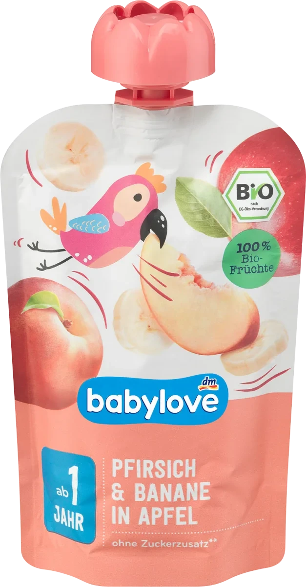 Дитяче фруктове пюре з 1 року babylove Bio Pfirsich & Banane in Apfel, 100 гр