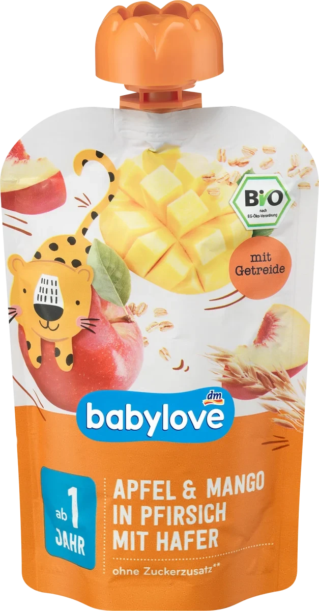 Дитяче фруктове пюре з 1 року babylove Bio Apfel & Mango in Pfirsich mit Hafer, 100 гр