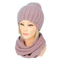 Вязаный комплект шапка и шарф ангора Lina пудрового цвета