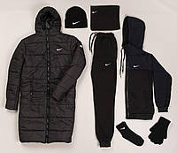 Комплект Nike Найк 6 в 1 парка зимняя удлиненная черная + спортивный костюм теплый чорно синий + набор зима
