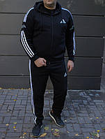 Спортивный костюм мужской батальный Adidas (Адидас) зимний с начесом черный | Комплект теплый Кофта + Штаны