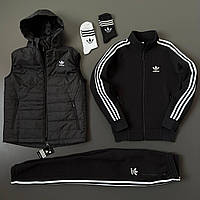 Комплект женский Adidas Спортивный костюм на флисе + Жилетка Набор утепленный зима Адидас черный